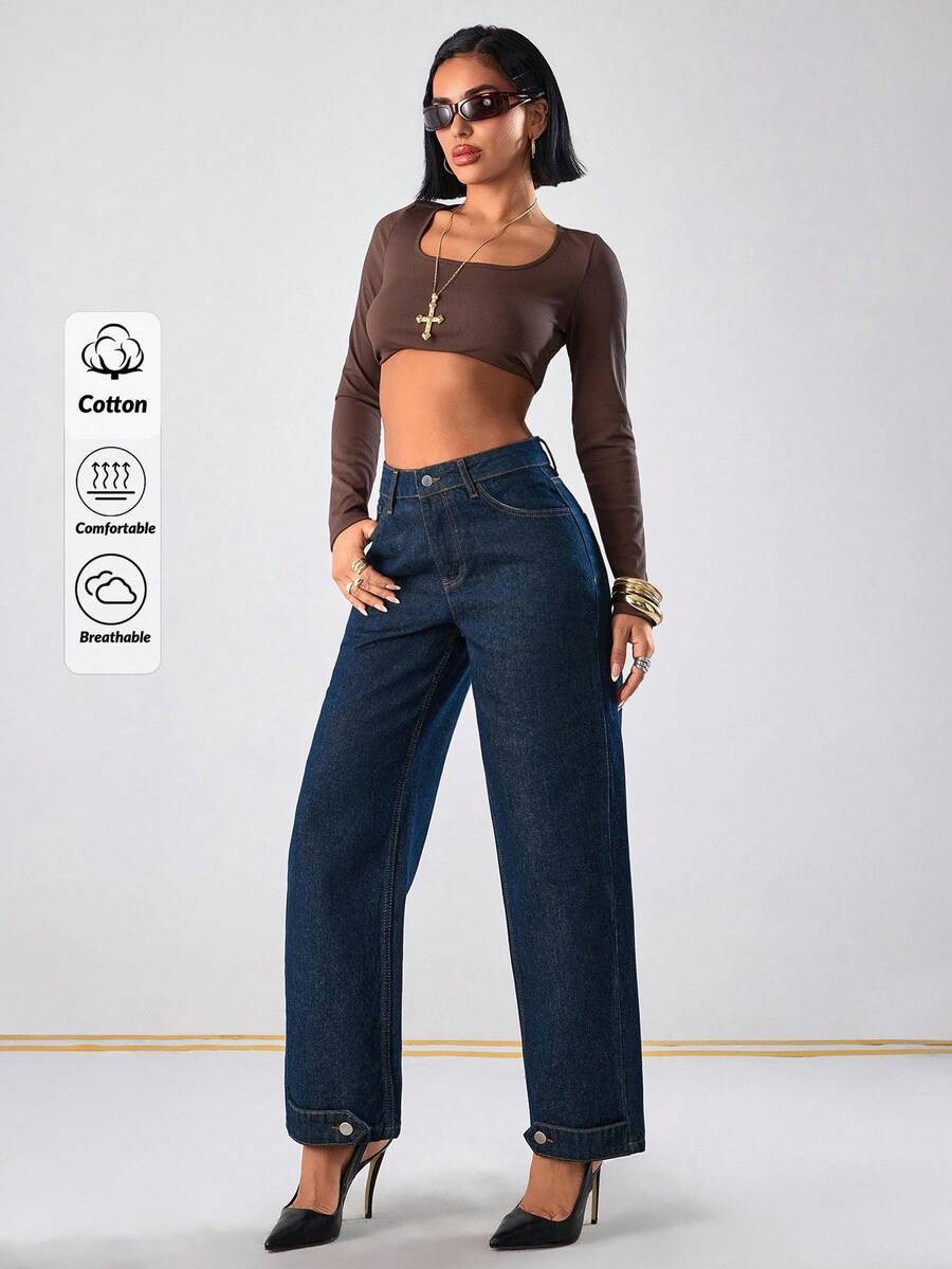 EURMUSE Hochbund Slim Straight Saum Detaillierte Jeans - Dunkle Waschung - Übersicht 1