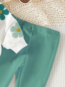 SHEIN Playful Pals 2 pezzi Set di felpa girocollo con stampa floreale e leggings rosa per bambine, carino e dolce, adatto per uso quotidiano e all'aperto, autunno/inverno