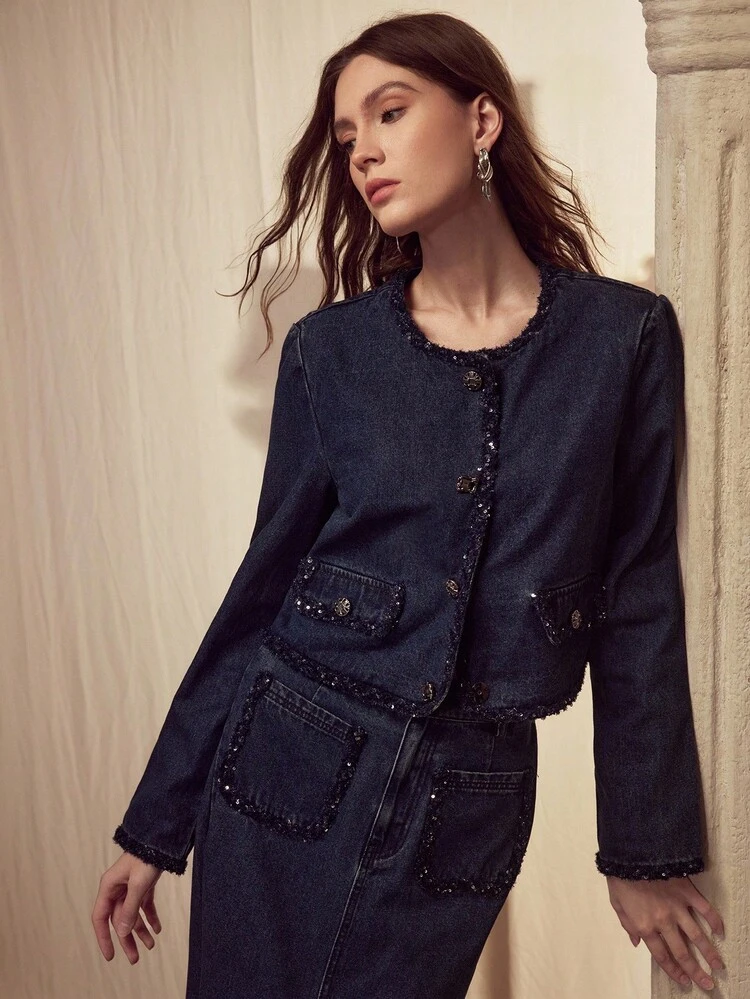 Denim Jacke mit Kontrast-Pailletten-Besatz und Klappe