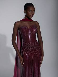 Elitara 优雅奢华深红色串珠刺绣手工抽绳贝壳领性感开衩 A 字形鱼尾裙，带缎带，女士正式晚礼服 - 酒紅色 - 查看 5