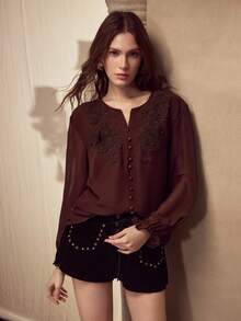 MOTF PREMIUM CHIFFON APPLIQUES BLOUSE - Brown - View 2