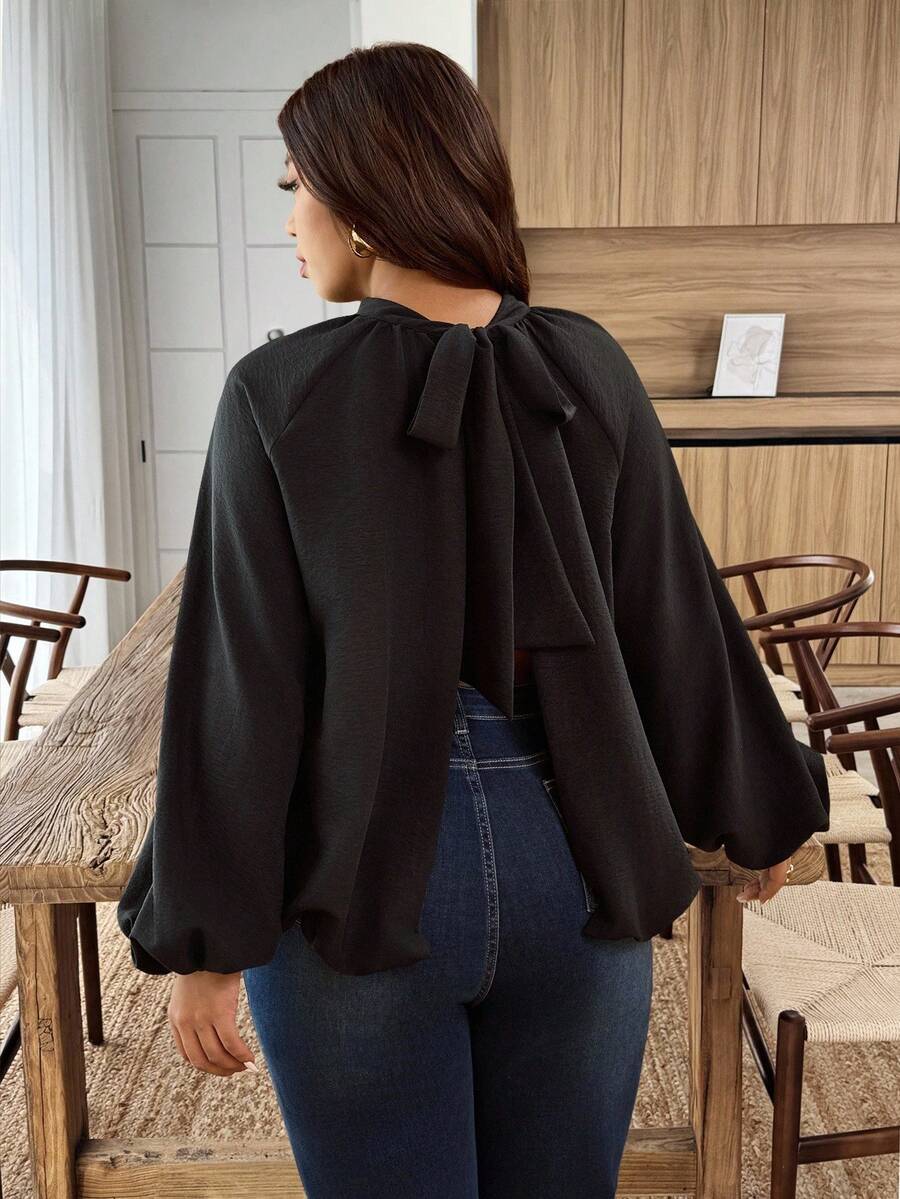 Weeklong Plus Size Solid Color Lantern Sleeve Back Split Tie Waist Shirt Fall Cloth For Women - Black - View 1