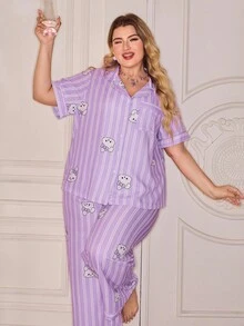 SweetSlumber Conjunto de Pijama com Estampa Fofa de Coelho Listrado Plus Size - Multicolorido - Visão 4
