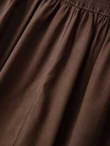 Franclia Plus Size Elastic Waist Button A-Line Long Black Skirt, Elegant Casual For Dates And Gatherings - Brown - View 8