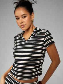 MISSGUIDED Casual Ribbed Striped Crop Top High Waist Shorts Coord Set Summer Holiday Weekend Fashion Two Piece Outfit Resort Poolside Vacation Style Lounge Wear Set