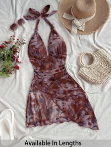 SHEIN Tall CURVE Plus Size Women Floral Print Ruched Asymmetric Hem Vacation Halter Dress - Brown - View 1