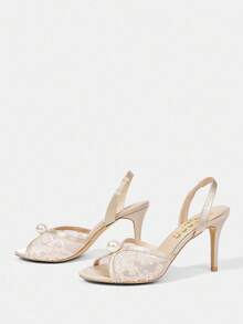 CUCCOO HITCHD Apricot Pointed Toe Stiletto Heel Lace Mesh Pearl Elegant Wedding Party Women's High Heel Sandals Open Toe Sandals For Christmas - Apricot - View 3