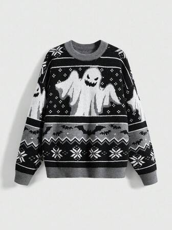 Damen Gothic Geist & Fledermaus Jacquard Pullover, Halloween