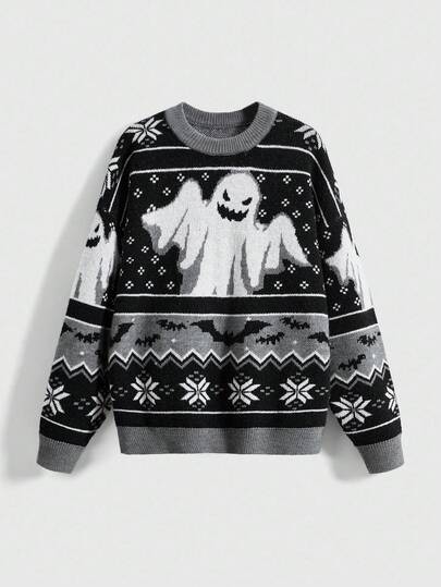 Goth Suéter de mujer con estampado jacquard de fantasmas y murciélagos, Halloween