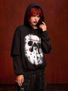 Friday the 13th X ROMWE 女士口罩图案长袖连帽二合一运动衫 - 黑色 - 查看 6