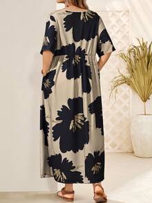 Rosumi Plus Size Short Sleeve Waist Pleated Split Side Dual Pocket Music Festival Bohemian Floral Print Dress For Women, Suitable For Spring & Summer Summer Dresses For Women Vacation Outfits Woman,Maxi Dress Floral Maxi Dress Plus Size Floral Maxi Dress Summer Dresses For Women,Flowy Dress