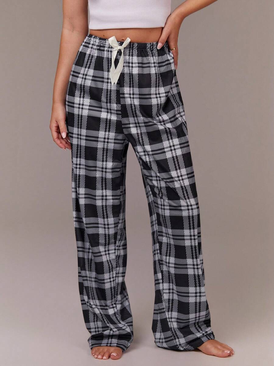 Athîral Women's Plaid Bow Decor Loose Pajama Pants - Mint Blue - View 1