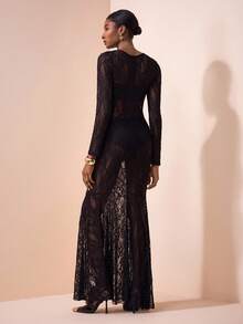 Zivah Abito lungo da donna in pizzo nero semi-trasparente con maniche lunghe, arricciature e coda di pesce, adatto per festival musicali, Pasqua, San Patrizio, stile occidentale, nomade, feste di compleanno, laurea, stile universitario, uso quotidiano casual, versatile di base, tempo libero, crociera, spiaggia, prendere il sole, virali, streetwear, matrimoni, pendolarismo, brunch, aeroporto, primavera/estate 2025