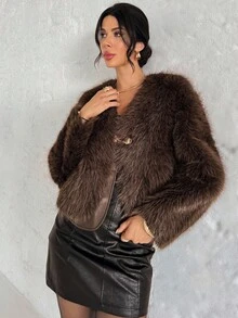 Firerie 女士优雅纯色长袖金属单排扣宽松仿金银丝棕色皮草外套，适合秋季、新年、圣诞节等场合，也可作为长袖外出上衣穿着。安卡拉红色外套，尽显老钱风格，休闲商务通勤皆宜，亦可作为婚礼宾客礼服。 - 銅色 - 查看 7