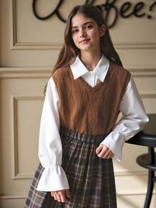SHEIN Tween Girl Knitted Cable Vest Top, Plaid Pleated Skirt And Shirt 3pcs/Set - Brown - View 4