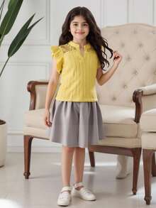 Tween Girls Lace Splice Ruffle Trim V-Neck Blouse - Yellow - View 3