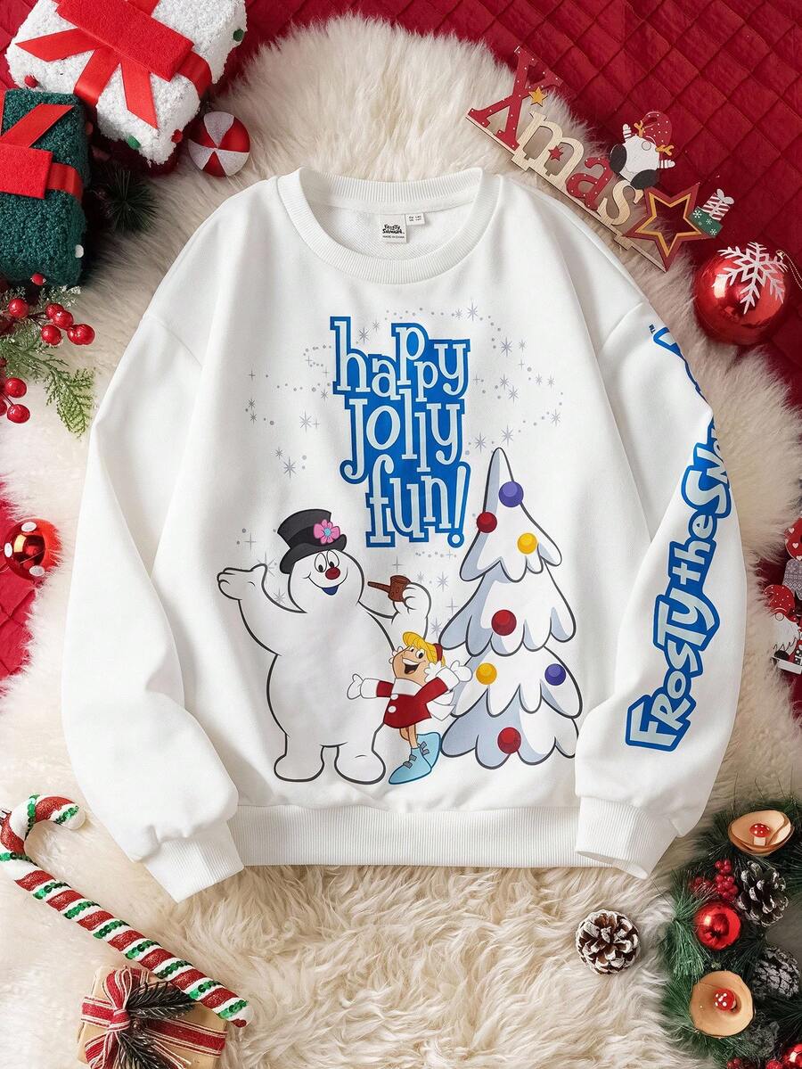 Frosty the Snowman X SHEIN Tween Girl Christmas Tree Print Crew Neck Long Sleeve Sweatshirt, Casual For Autumn/Winter Fall - White - View 1