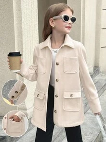SHEIN Tween Girl Autumn/Winter Versatile Casual Fashion Lapel Multi-Pocket Button Design Overcoat Jacket, Back To School, Mommy And Me Matching Outfits, Girls Overcoat, Girl Coat, Girls Jacket, Girls Winter Coat, Kids Overcoat - Khaki - View 3