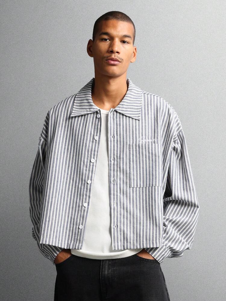 Vertical Striped Cotton Button Down Shirt With Pocket