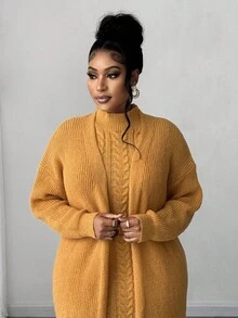 Maweii Plus Size Women Solid Color Cable Knit Elegant Dress Cardigan Two Pieces Set Winter Fall Autumn - Yellow - View 4