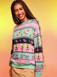SpongeBob SquarePants | SHEIN Women's Casual Cartoon Pattern Color Block Crew Neck Long Sleeve Sweatshirt, Fall/Winter Pullover Outfit Christmas Cute Sweatershirt
