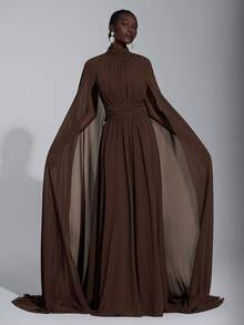 Elitara Elegante y lujoso vestido de noche formal para mujer con espalda abierta, manga de campana y decoración de mariposa de metal, en color café oscuro de gasa