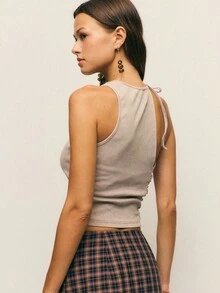 Nöista 夏季时尚褶饰不对称短款露背上衣，外出 - 棕色 - 查看 2