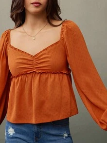 WESTFADE 甜心领长款泡泡袖荷叶边纹理编织娃娃装上衣，可爱秋季女士 - 紅色 - 查看 5