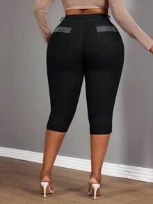 Slaydiva Plus Size Women Black Elastic Rhinestone Embellished Casual Capri Pants - Black - View 2