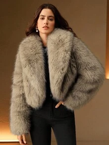 Anewsta Autumn/Winter Slimming Retro Khaki Short Faux Fur Women's Jacket - Khaki - View 8