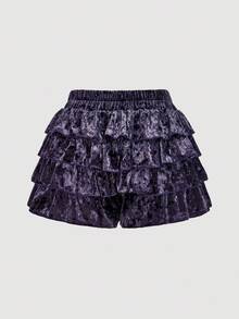 SHEIN MOD Women's Elastic Waist Layered Ruffle Hem Skirt Shorts,Fall Clothes For Women,Halloween Clothes,Nightmare Before Christmas,Ruffled Shorts