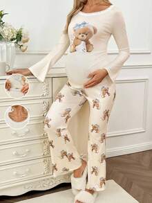 SHEIN 2pcs Maternity Comfy Bear Print Lace Patchwork Top & Pants Set Lingerie Lingerie Set Underwear Women Pajama Pajama Dress Loungewear Nightgown Robe Sleepwear Sleepwear Set Tank Top With Bra - Multicolor - View 3
