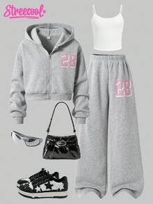 SHEIN Explorewe 三件套少女纯色保暖连帽拉链衫、吊带背心和阔腿裤休闲套装，适合日常穿着、通勤和上学，秋冬季街头风。 - 灰色 - 查看 5