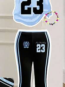 SHEIN Leap Crew 2pcs Tween Girls Casual Minimalist Short Sleeve Top And Long Pants Set, Suitable For Summer - Multicolor - View 4