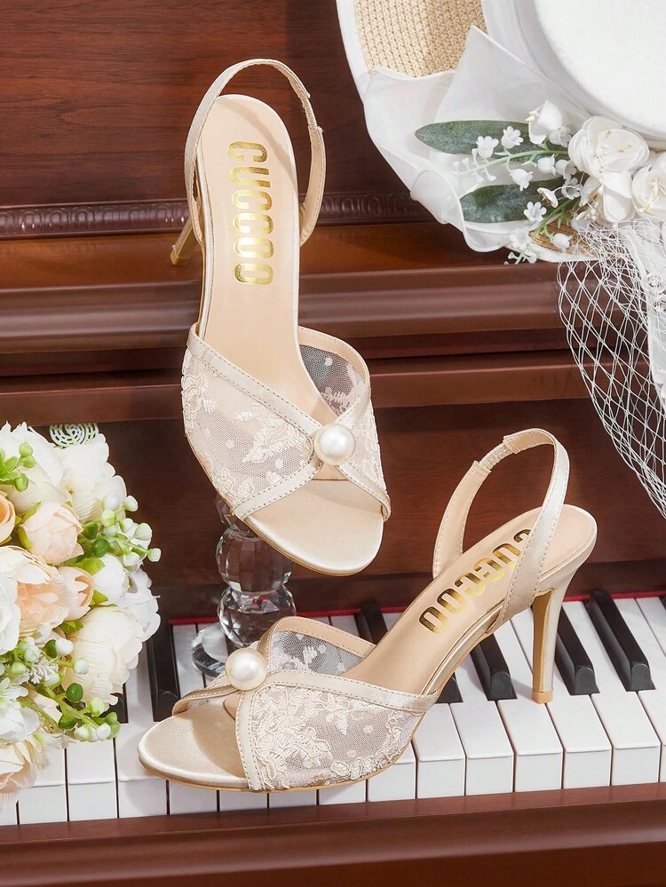 CUCCOO HITCHD Apricot Pointed Toe Stiletto Heel Lace Mesh Faux Pearl Elegant Wedding Party Women's High Heel Sandals Open Toe Sandals For Christmas Elegant Shoes Wedding Shoes Summer Shoes Bride Shoes