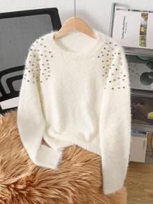 1pc Girls' Sweater,Off-White,Autumn,Elegant,Birthday Rhinestone Decor On Shoulder,Round Neck,Faux Cashmere Soft & Comfortable Versatile Pullover - White - View 1