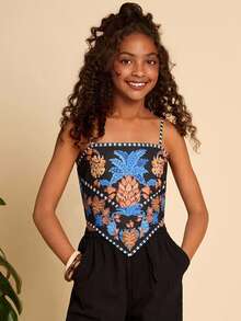 SHEIN Tween Girl Woven Pineapple Print Asymmetric Hem Camisole - Black - View 1