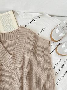 SHEIN Tween Girl Casual Loose Solid Color Oversized V-Neck Mid-Length Sweater Vest Sweater Vest For Girls Brown Sweater Vest For Girls,In Fall/Winter Girls Sweater Vest Kids Sweater Vest V Neck Sweater Vest Kids Teen Girl Sweater Vest - Khaki - View 3