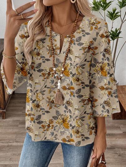 EMERY ROSE 女式休闲秋叶和枫叶印花 V 领 3/4 袖宽松衬衫，适合初秋和秋季 波西米亚风衬衫 波西米亚风上衣 花卉衬衫 女式夏季衬衫