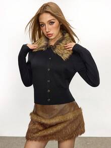 Rina Fox Áo khoác cardigan dệt kim cổ lông giả màu kaki cài nút tương phản, cạp chun cho nữ, mùa thu/đông - màu đen - Xem 7