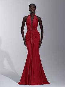 Elitara Elegant, Romantic, Sexy, Minimalist, Stretchy, Halter Neck, Backless, Off Shoulder, Bodycon, 3D Floral, Fishtail Hem, Fashionable, Influencer Style, Holiday, Vacation, Birthday Party, Wedding Event, Bridesmaid Dress - Burgundy - View 3