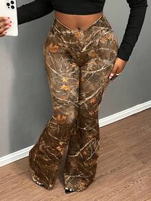 Slaydiva Quần ống loe in họa tiết cành cây dành cho nữ cỡ lớn, thích hợp cho các dịp lễ, năm mới, ngày Valentine. - màu nâu - Xem 5