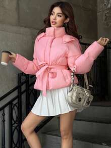 Sweetina Women's Pink Hooded Cinched Waist Padded Coat, Long Sleeve Casual Minimalist Outerwear, Cute & Girly, Autumn/Winter - Pink - View 5