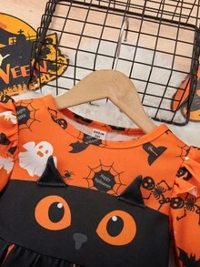 SHEIN 小女孩可爱卡通图案长袖连衣裙，适合万圣节派对 - 橘色 - 查看 4