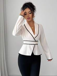 Rafferiza Áo sơ mi nữ tay dài cổ bẻ thanh lịch, eo bó, mùa thu - Màu be - Xem 6