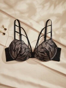 Charlaine 1/2 Cup Lace Lined Underwire Padded Plunge Bra With Contrast Trim, Romantic Women's Lingerie Lingerie Sets Push Up - Black - View 8