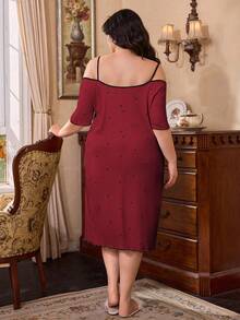 Côtesoire 大码菱形印花撞色休闲睡裙，Moo Moo睡衣 - 酒紅色 - 查看 2