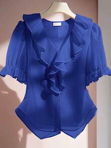 SHEIN Clasi Áo cánh bèo nhún màu trơn thanh lịch cỡ lớn, mùa hè - Xanh đậm - Xem 1