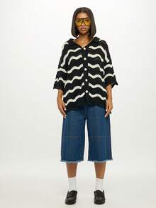 SUMWON WOMEN Cárdigan de ganchillo con patrón de olas, parte superior de punto con botones, estilo holgado y sobresaliente, moda vintage para otoño e invierno, prenda de transición - Negro - Ver 5