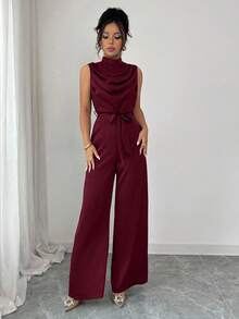 Elenzga Mono elegante sin mangas con cuello alto, plisado y volantes en la cintura, color verde, para primavera/verano - Burdeos - Ver 7